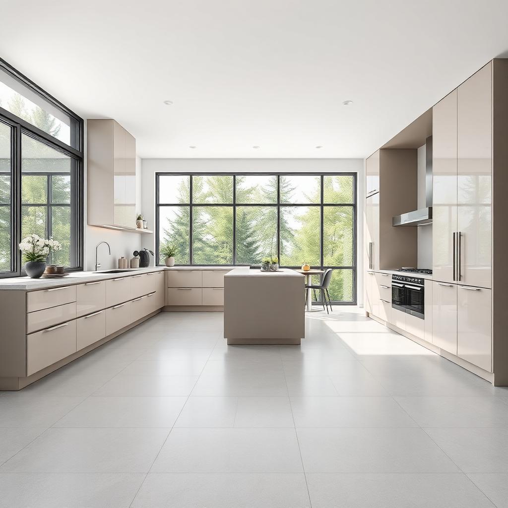 Modern kitchen with large format 24x48 inch porcelain tiles creating a seamless look