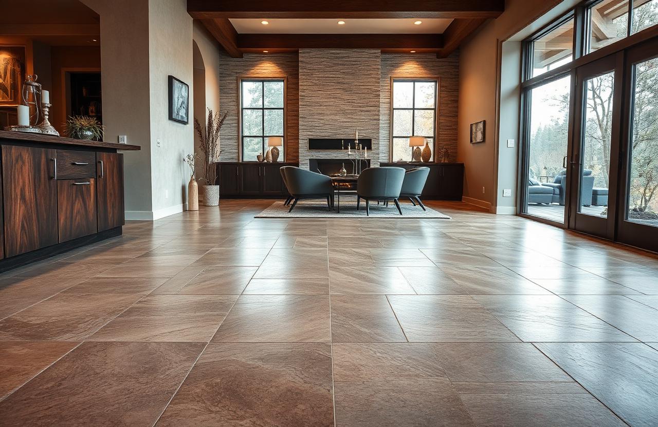 Elegant natural stone tile flooring in Portland home