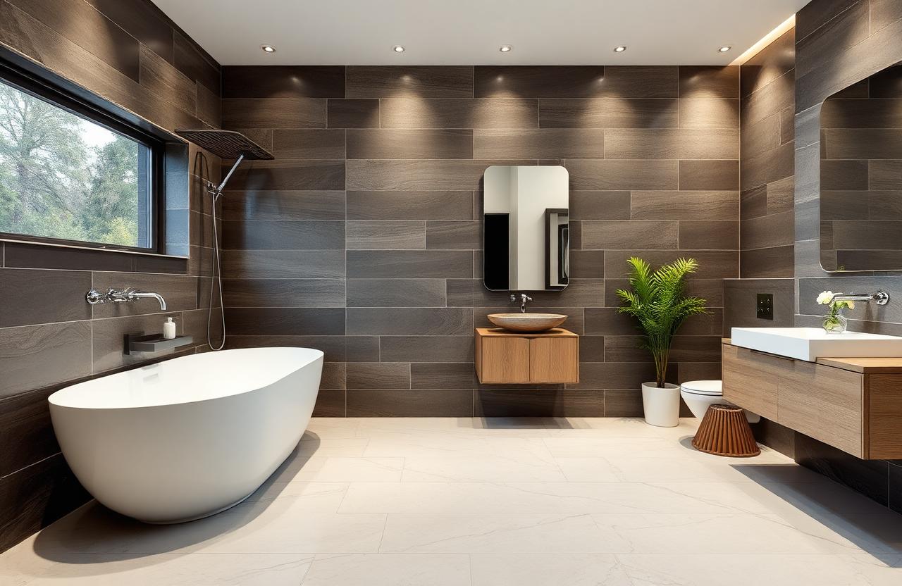 Modern bathroom with porcelain tiles in Portland home