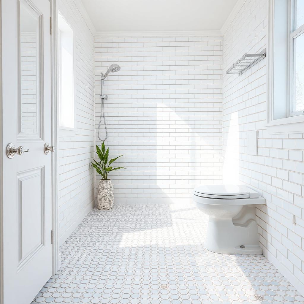 Small format mosaic and penny round tiles in a bright Portland bathroom