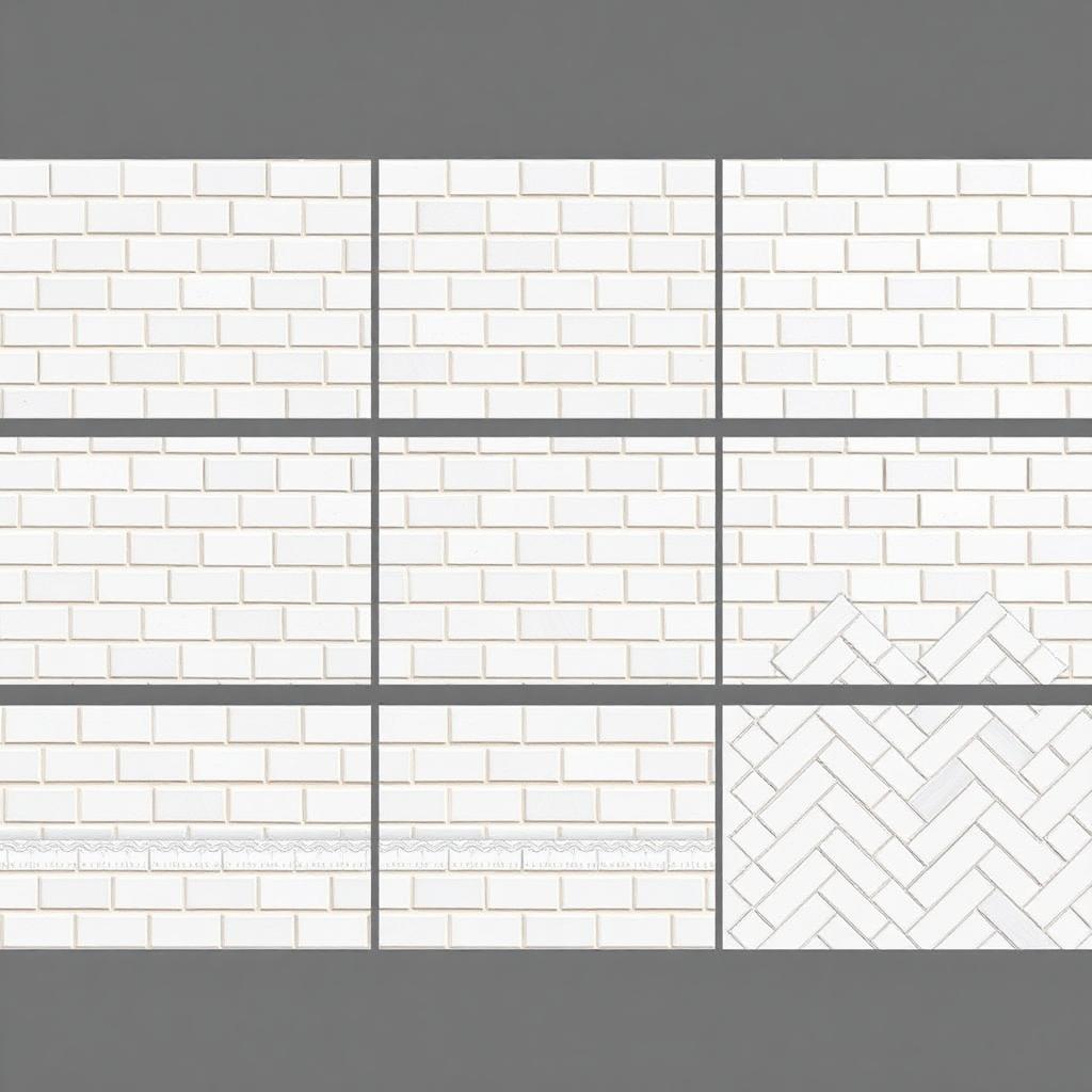 Comparison of different subway tile layouts - running bond, stacked, and herringbone patterns