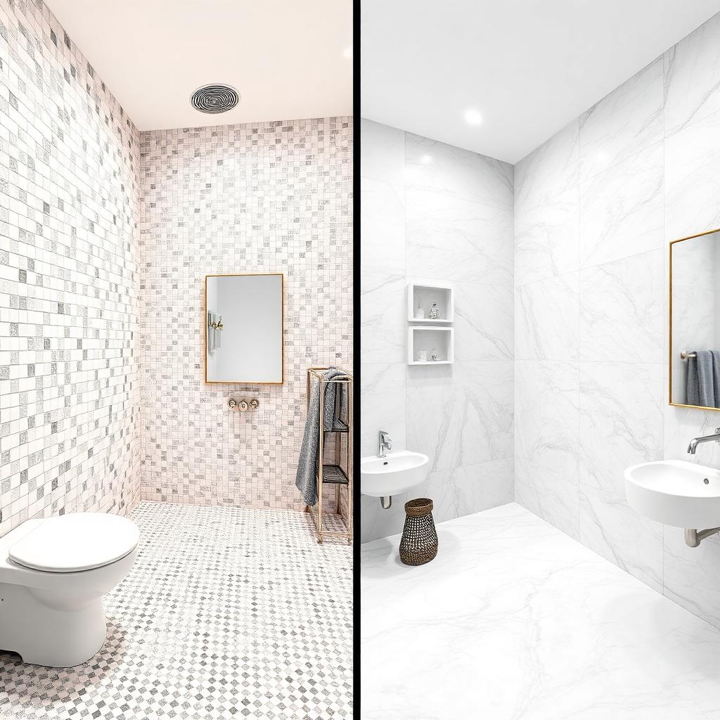 Split comparison showing same bathroom with small tiles versus large tiles